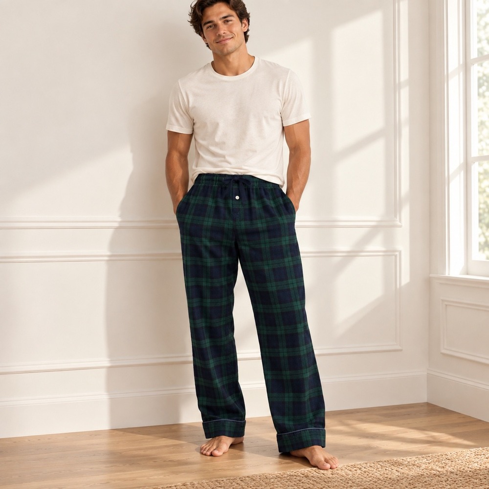 J. Crew Mens Black Watch Plaid Flannel Pajama Pants Green Navy Blue Small